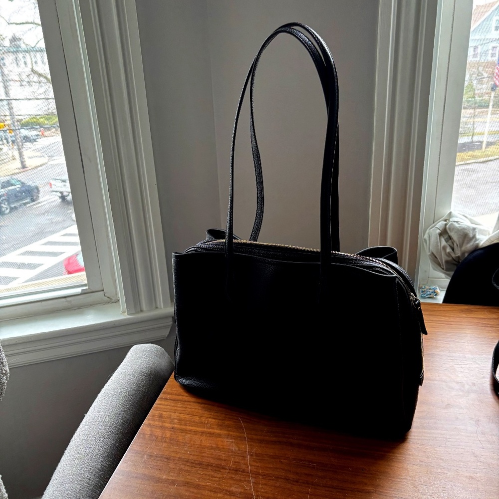 Quince Triple Compartment Italian Leather Work Tote Black